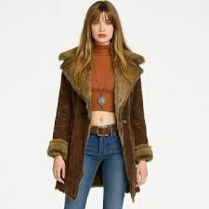 Vintage Suede Coat Penny Lane Brown Faux Fur lined Leather pockets belt 14 L‎ XL